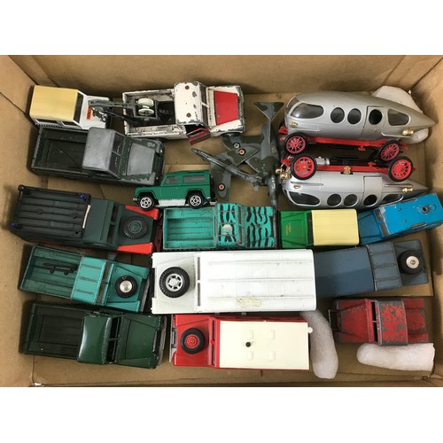 107 - SUNDRY DIE CAST DINKY AND CORGI MOSTLY LANDROVERS, 2 AIRCRAFT INC. JAVELIN AND 2 RIO NOVELTY CARS