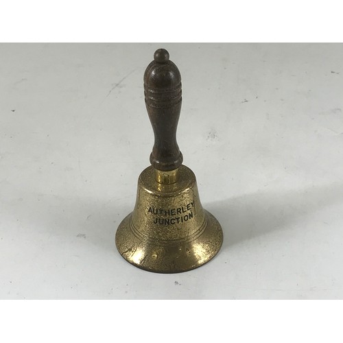 578 - SMALL BRASS BELL, BELIEVED TO BE A CANAL BELL FROM AUTHERLEY JUNCTION 18 CM HIGH