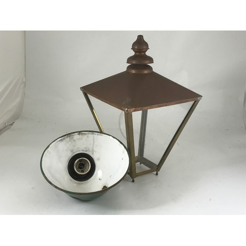 586 - MAXLUME ENAMELLED INDUSTRIAL LAMP SHADE WITH PORCELAIN FITTING AND COPPER LAMP TOP RAILWAY STYLE BUT... 