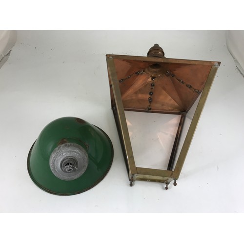 586 - MAXLUME ENAMELLED INDUSTRIAL LAMP SHADE WITH PORCELAIN FITTING AND COPPER LAMP TOP RAILWAY STYLE BUT... 