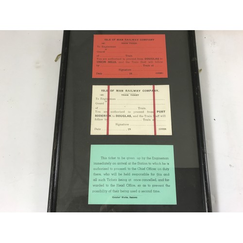 353 - RARE RAILWAY TICKETS , 3 FRAMED ISLE OF MAN RAILWAY COMPANY TICKETS UNDATED AND UNUSED, T/W A FRED L... 