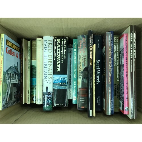 344 - TWO BOXES OF RAILWAY BOOKS, IAN ALLAN, STEAM TITLES, DIBNAH, MIXED EPOCH OF TITLES