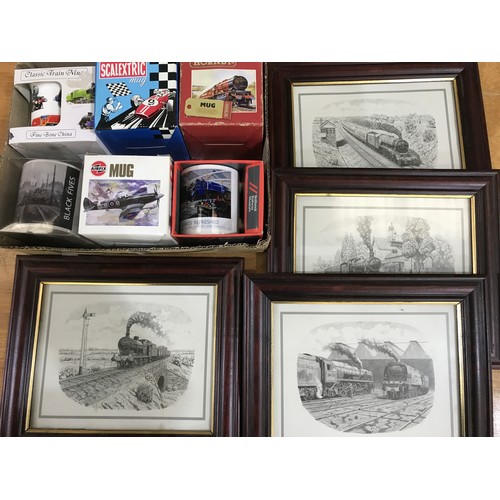 321 - TRANSPORT MUGS X 6, INC. NRM, AIRFIX SPITFIRE, SCALEXTRIC & HORNBY.