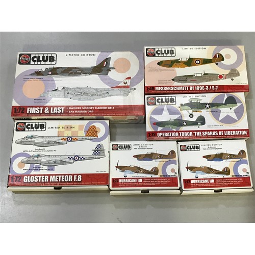 AIRFIX CLUB KITS, A7300H METEOR, A73006 HURRICANE, A73006 SPITFIRE  UNOPENED, A82012 2 X ME109, A8201