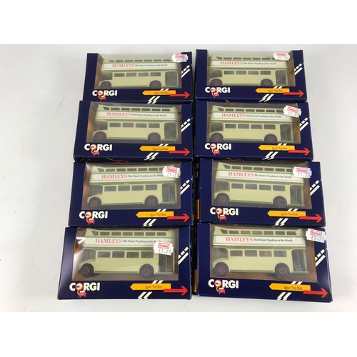 170 - CORGI, 10 BOXED C528 OPEN TOP BUS, BOXED MODELS, ADVERTISING HAMLEYS.