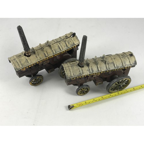 84 - TWO LARGE SCALE CAST MODELS OF THE 'LESNEY MODERN AMUSEMENTS' SHOWMANS ENGINES. APPROX 8 INCH LONG.