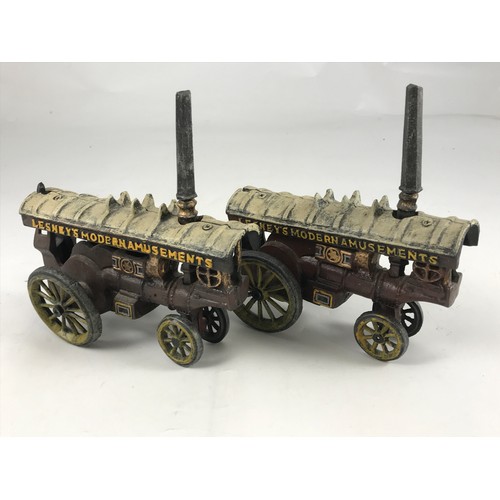 84 - TWO LARGE SCALE CAST MODELS OF THE 'LESNEY MODERN AMUSEMENTS' SHOWMANS ENGINES. APPROX 8 INCH LONG.