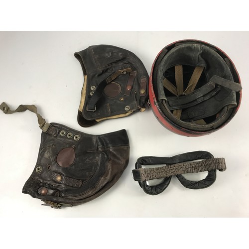 5 - VINTAGE MOTOR CYCLE OPEN HELMET WITH IOM BADGE, PAIR OF GOGGLES & TWO LEATHER HELMETS.