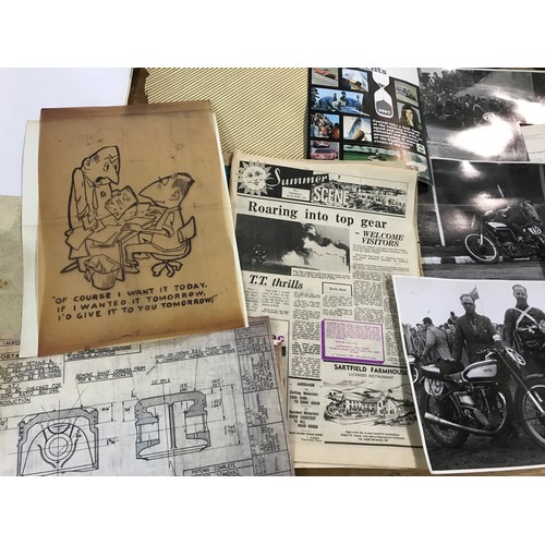 37 - BOX OF SUNDRY DRAWING AND MOTOR CYCLE EPHEMERA INC.1961 PRODUCTION SCHEDULE, NEWSPAPERS, THE TT SPEC... 