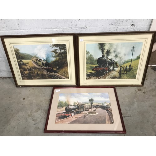 356 - 3 FRAMED RAILWAY PICTURES INCLUDING DON BRECKON CHANGING TRAINS, SUNDAY WORKING, BRANCH LINE WITH PR... 