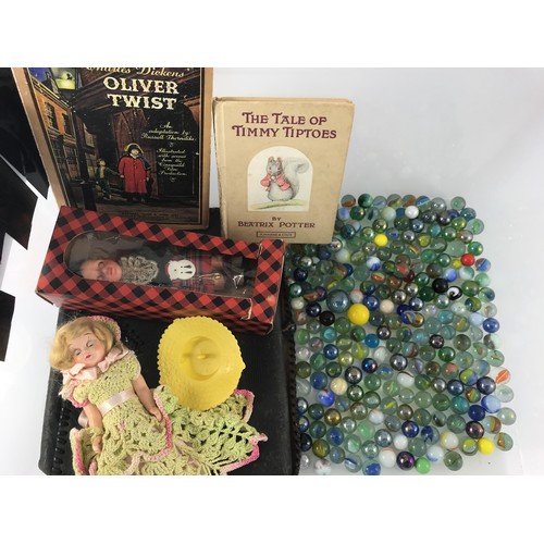 76 - COLLECTION OF MARBLES & OTHER MISC TOYS