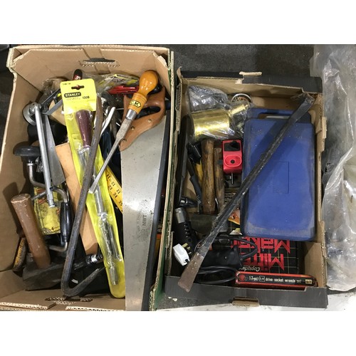 515 - 2 TRAYS OF MISC. HAND TOOLS, HAMMERS, SAWS, CROWBAR ETC.