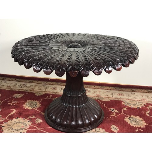 265 - UNUSUAL ROUND TOP CENTRE TABLE WITH CARVED DECORATION, PROBABLY OF ORIENTAL ORIGIN, APPROX. 110 cm D... 