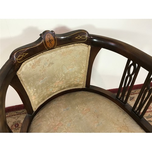 215 - INLAID MAHOGANY BOW CHAIR ON FLUTED LEGS WITH UPHOLSTERED SEAT AND BACK