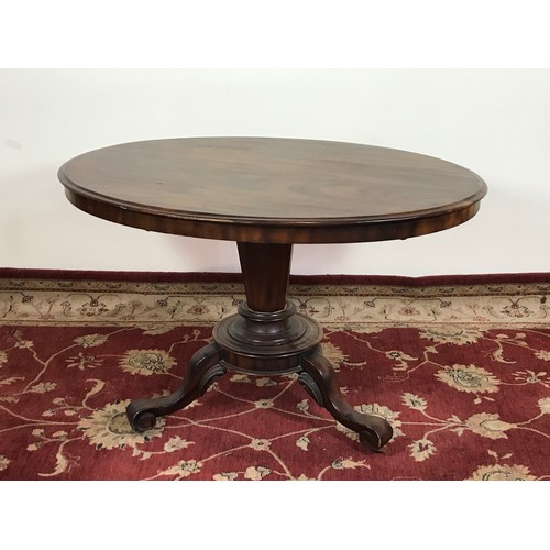 198 - OVAL MAHOGANY TIP TOP TABLE ON PEDESTAL WITH 3 SCROLL LEGS 125cm long  and 77cm tall