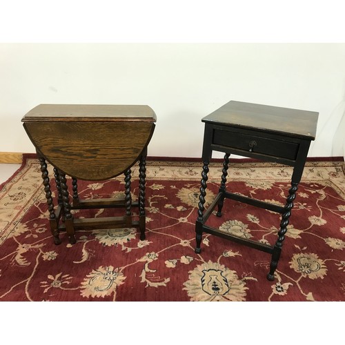 139 - OAK OCCASSIONAL TABLE WITH DRAWER & BARLEY TWIST SUPPORTS T/W AN OAK DROP LEAF OCCASSIONAL TABLE.