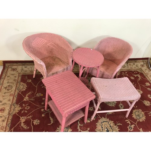 137 - PINK WICKER LLOYD LOOM STYLE FURNITURE COMPRISING 2 CHAIRS, STOOL, AND 2 TABLES