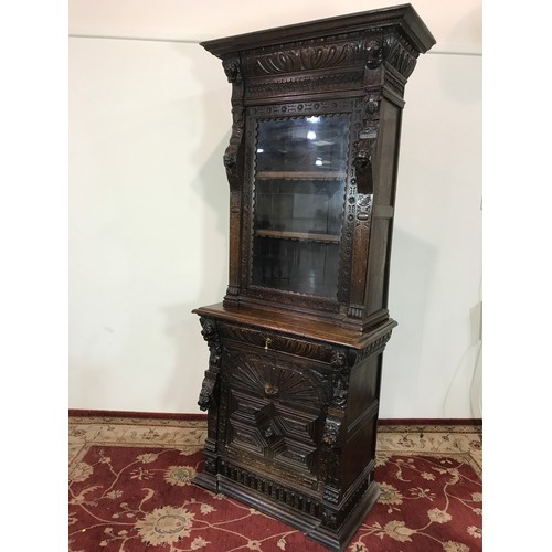 15 - VERY IMPRESSIVE GOTHIC OAK CABINET WITH GLAZED TOP 90CM WIDE X 225 CM HIGH