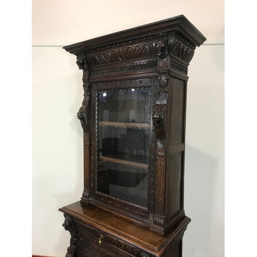 15 - VERY IMPRESSIVE GOTHIC OAK CABINET WITH GLAZED TOP 90CM WIDE X 225 CM HIGH