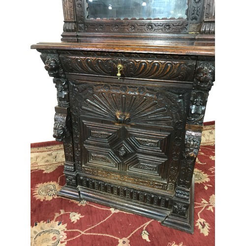 15 - VERY IMPRESSIVE GOTHIC OAK CABINET WITH GLAZED TOP 90CM WIDE X 225 CM HIGH