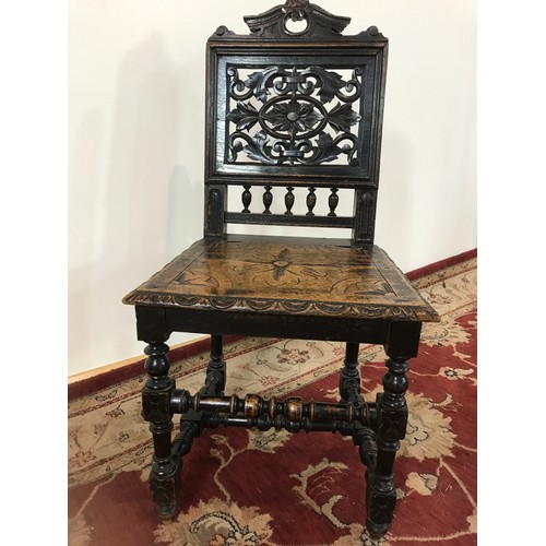 166 - SINGLE HALL CHAIR WITH PANEL SEAT AND CARVED BACK