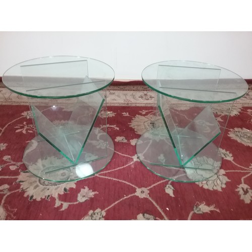 255 - PAIR OF GLASS DISPLAY TABLES 45cm dia , 43cm tall