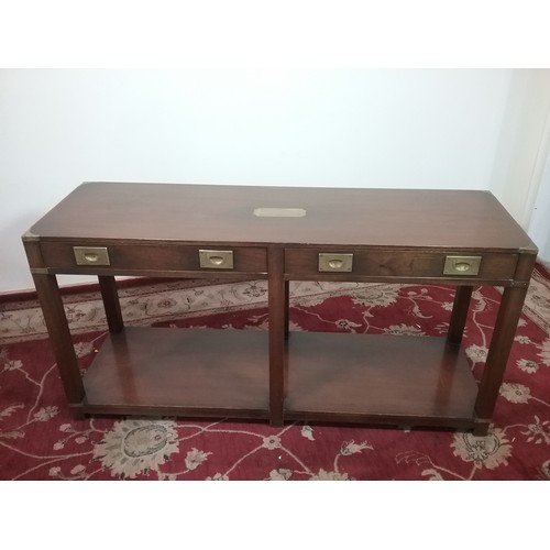 105 - SIDE TABLE WITH 2 FRIEZE DRAWERS MILITARY STYLE HANDLES AND BRASS CORNERS 137cm LONG,   69cm tall