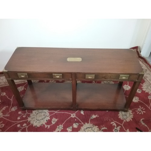 105 - SIDE TABLE WITH 2 FRIEZE DRAWERS MILITARY STYLE HANDLES AND BRASS CORNERS 137cm LONG,   69cm tall