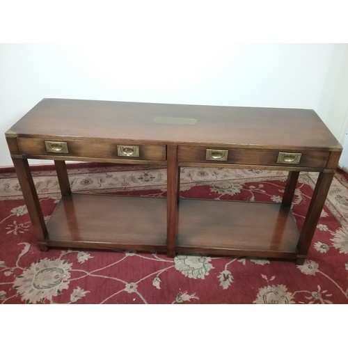 106 - SIDE TABLE WITH 2 FRIEZE DRAWERS MILITARY STYLE HANDLES AND BRASS CORNERS 137cm LONG , 69cm TALL