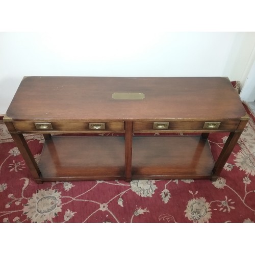 106 - SIDE TABLE WITH 2 FRIEZE DRAWERS MILITARY STYLE HANDLES AND BRASS CORNERS 137cm LONG , 69cm TALL