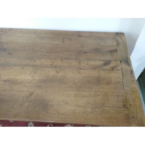 235 - FRENCH PLANK TOP FRUITWOOD TABLE, A FARMHOUSE STYLE TABLE IN THE REFECTORY STYLE ON 4 SQUARE TAPERED... 