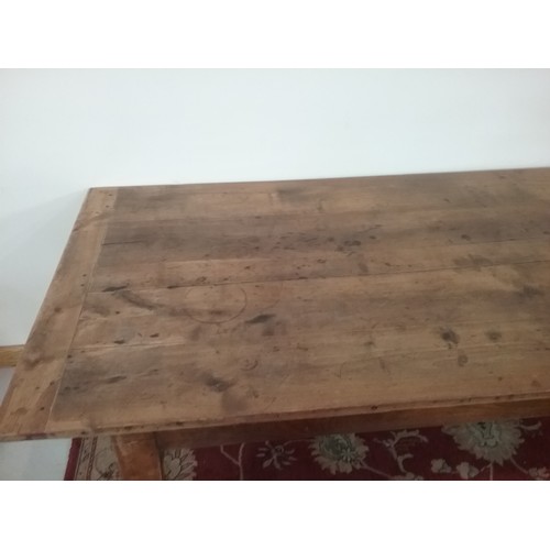 235 - FRENCH PLANK TOP FRUITWOOD TABLE, A FARMHOUSE STYLE TABLE IN THE REFECTORY STYLE ON 4 SQUARE TAPERED... 