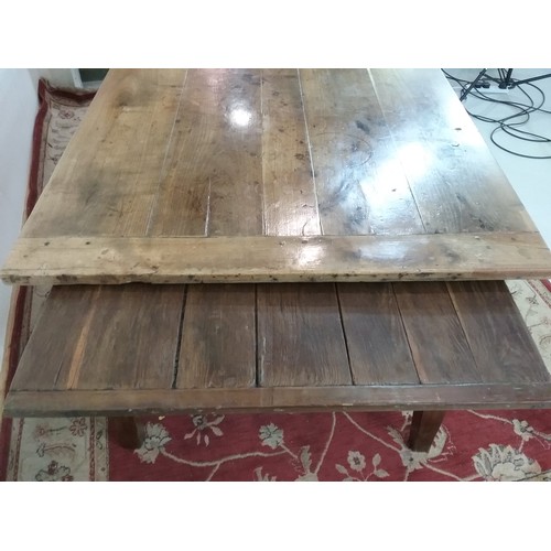 235 - FRENCH PLANK TOP FRUITWOOD TABLE, A FARMHOUSE STYLE TABLE IN THE REFECTORY STYLE ON 4 SQUARE TAPERED... 