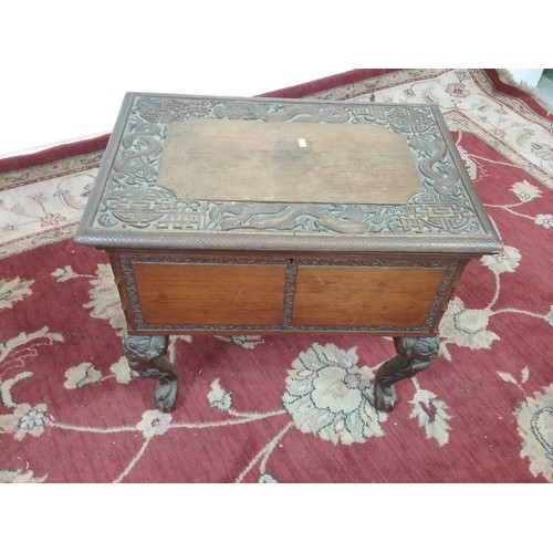 110 - ORIENTAL STYLE ORNATE BOX WITH CARVED TOP & CLAW FEET 51cm wide and 47cm tall