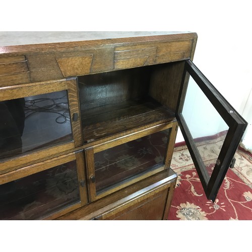 248 - ART DECO STYLE OAK BOOKCASE CUPBOARD, 2 GLAZED CABINETS OVER CUPBOARD, 90CMS X 118CMS