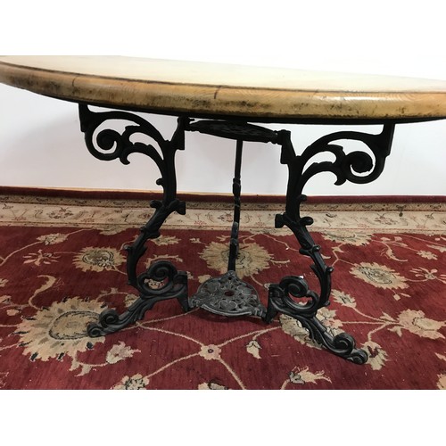 274 - CIRCULAR TOPPED PUB TABLE WITH CAST TRI LEGGED FEET, APPROX DIAMETER 106CM