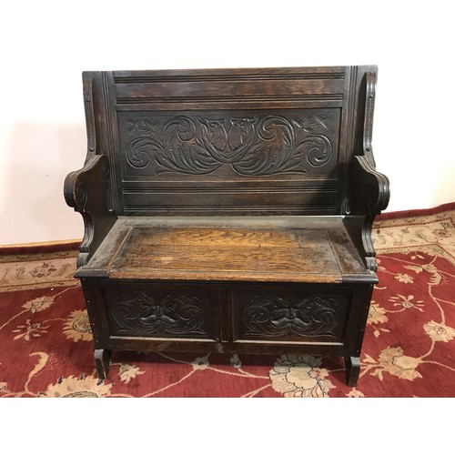 275 - CARVED POAK MONKS BENCH, APPROX. 92 cm