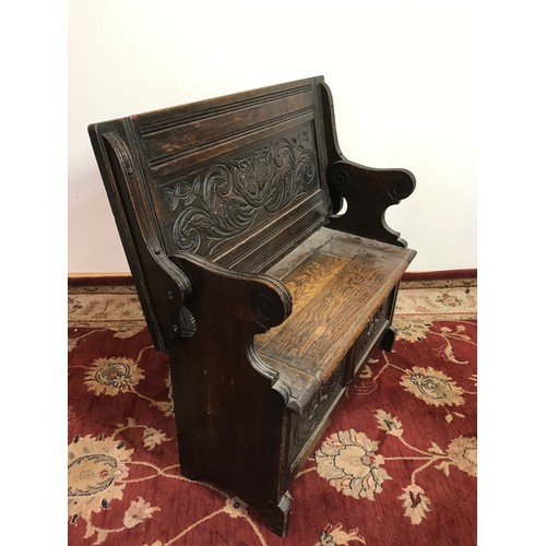 275 - CARVED POAK MONKS BENCH, APPROX. 92 cm