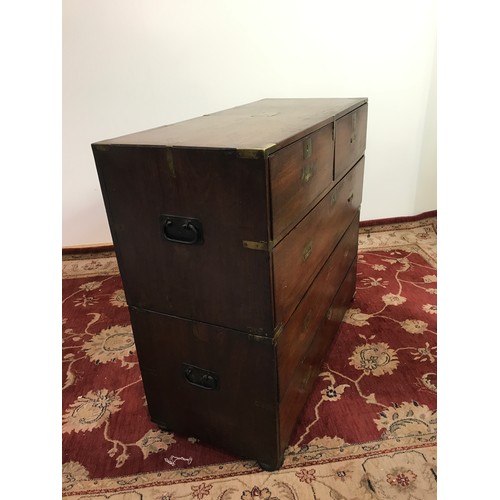 259 - GOOD QUALITY BRASS BOUND MILITARY CHEST OF 2 OVER 3 DRAWERS IN 2 SECTIONS WITH CARRY HANDLES, APPROX... 