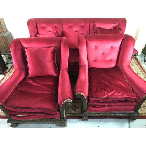 328 - 1920S 3 PIECE SUITE WITH CARVED SHOW FRAME RAISED ON BALL AND CLAW FEET (TRADE ONLY)