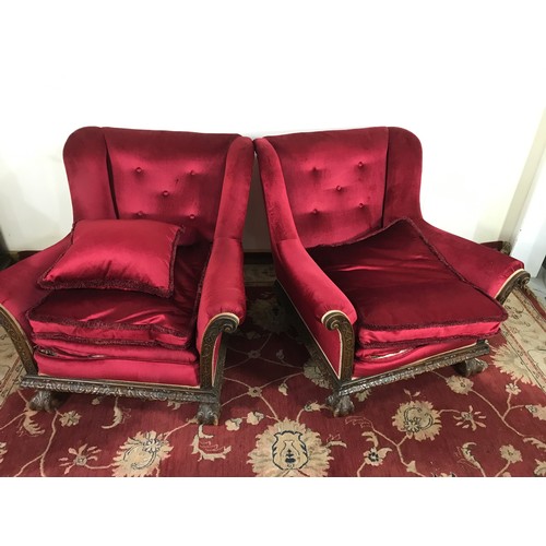 328 - 1920S 3 PIECE SUITE WITH CARVED SHOW FRAME RAISED ON BALL AND CLAW FEET (TRADE ONLY)