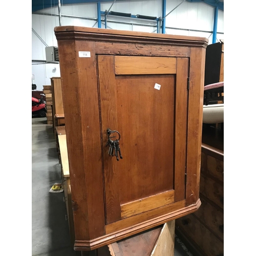 98 - STAINED PINE HANGING CORNER CUPBOARD 61cm wide and 76cm tall