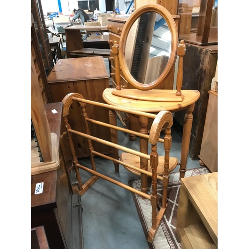 97 - MODERN PINE DEMI LUNE TABLE, TOILET MIRROR AND TOWEL RAIL