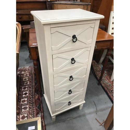 61 - WHITE PAINTED BANK OF 5 DRAWERS 40cm wide and 102cm tall