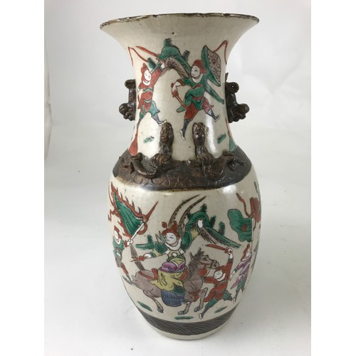 319 - PAIR OF FAMILLE ROSE WARRIOR VASES A/F HEIGHT 34 CM