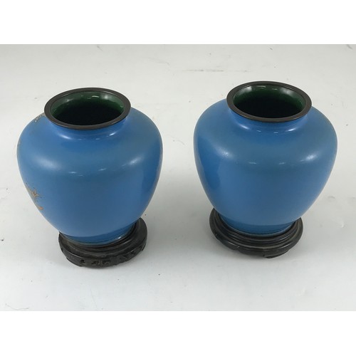 452 - PAIR OF JAPANESE CLOISONNE BALUSTER VASES WITH HARD WOOD STAND