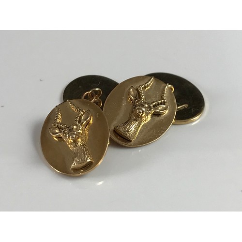 739 - PR. 9 ct GOLD GENTS 'EAST AFRICAN WILD LIFE SOCIETY, CUFFLINKS WITH ANTELOPE DECORATION IN ORIGINAL ... 