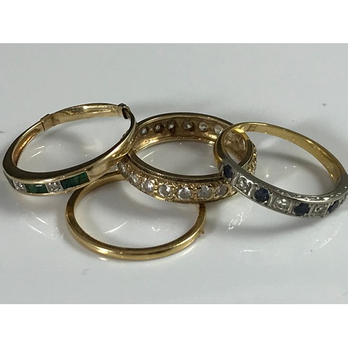 789 - 18ct GOLD BAND, 2, 9ct DRESS RINGS, BLUE AND WHITE AND GREEN AND WHITE STONES AND AN ETERNITY RING S... 