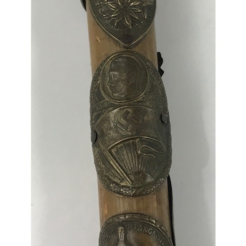 189 - ALPINE WALKING STICK WITH METAL POINT AND PLAQUES INCLUDING AN ADOLF HITLER PLAQUE WITH SWASTIKA