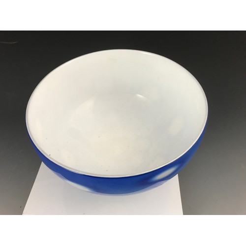 381 - BLOWZONE BLUE GLASS BOWL, SIGNED AND DATED '98, APPROX. 23 cm DIA.